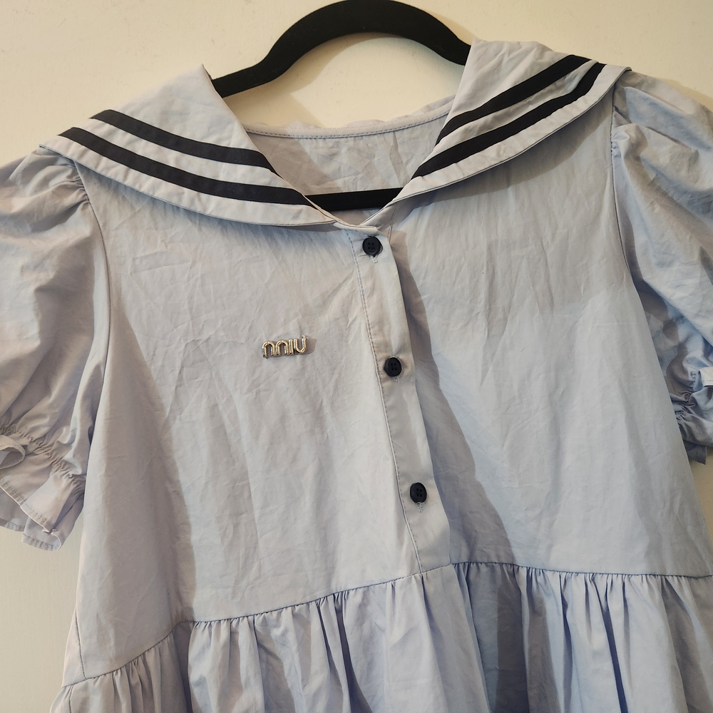 Light Blue Sailor Collar Dress with Black Buttons